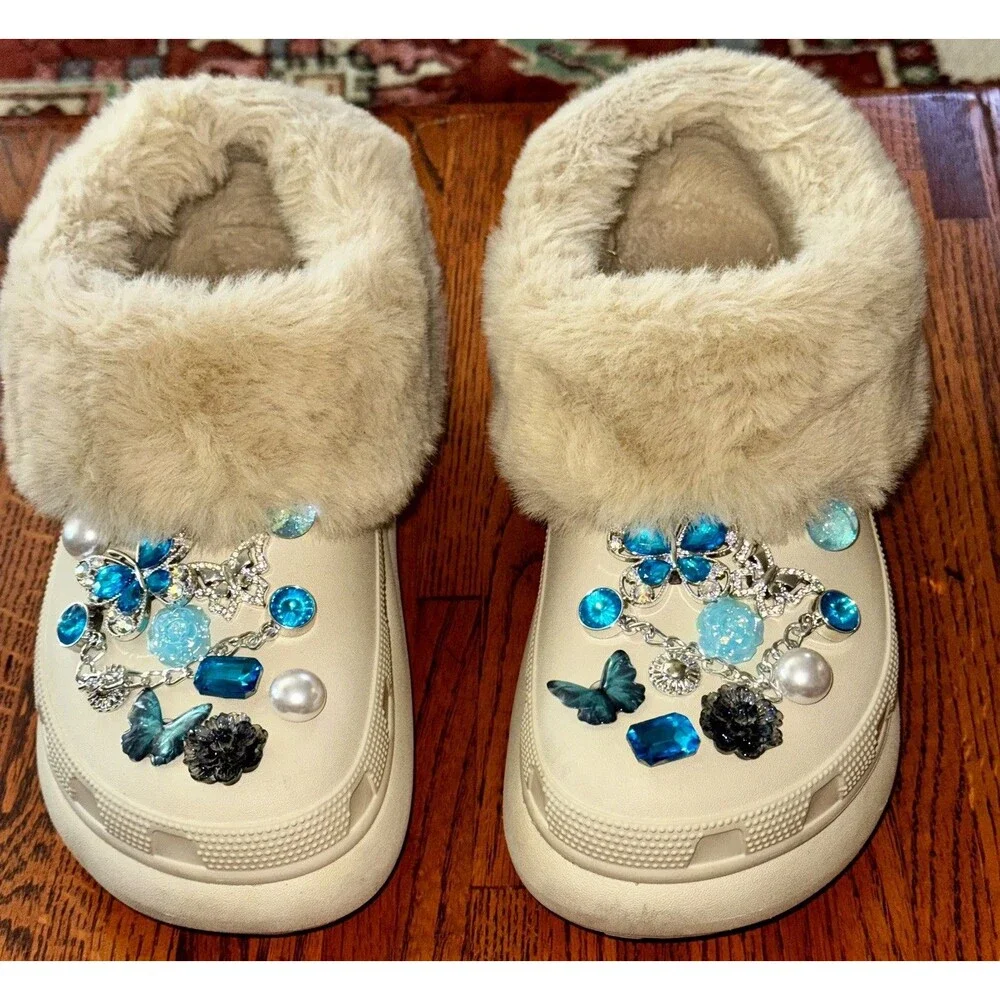 Bling Fur Crocs embellished jibbitz Platform Clog In Ivory W8
